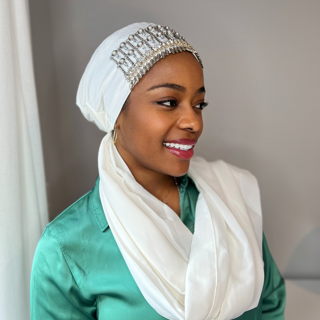 WHITE - DIAMOND ORNAMENT SCARF TURBAN