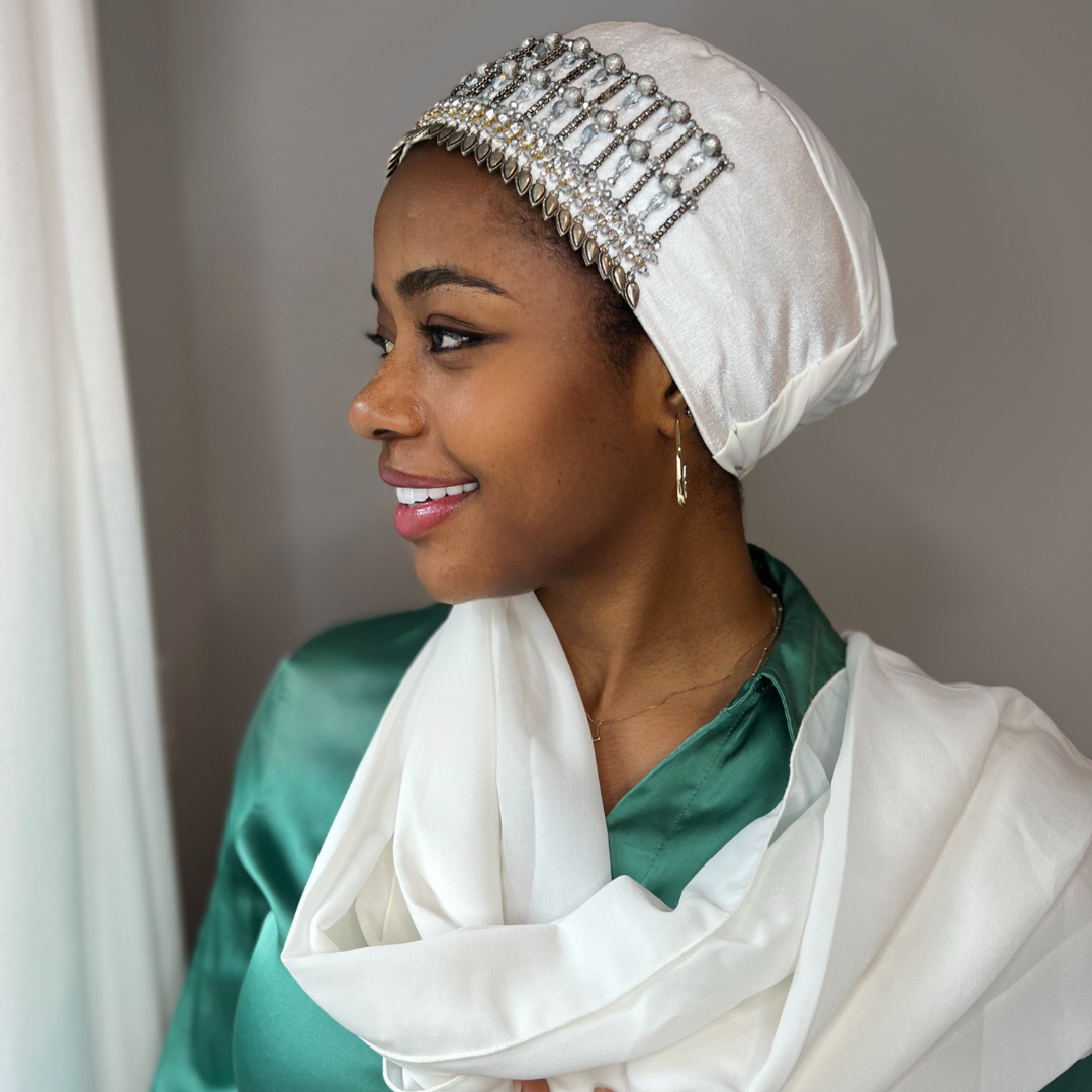 WHITE - DIAMOND ORNAMENT SCARF TURBAN